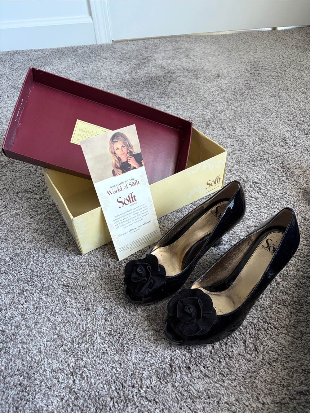 Sofft Black Patent Peep-Toe Pumps with Rosette Detail